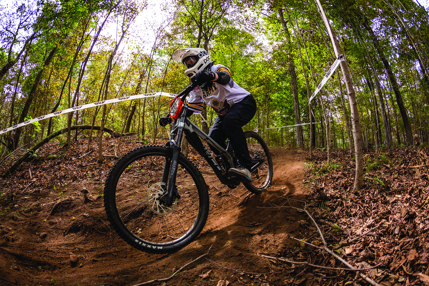 COL Judy Boyd, Commander of the 13th Legal Operations Detachment-Expert, focuses on the trail ahead as she goes on to successfully (and safely) compete in the 2020 Maxxis Eastern States Cup Intense Downhill Race at Powder Ridge, Connecticut.